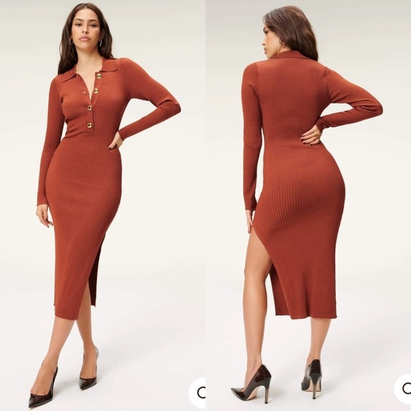 GOOD‎ AMERICAN Polo MIDI DRESS Ribbed BRICK Slit - Picture 1 of 11